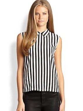 Equipment Elliot Silk Black & White Stripe Sleeveless Collared Blouse- M